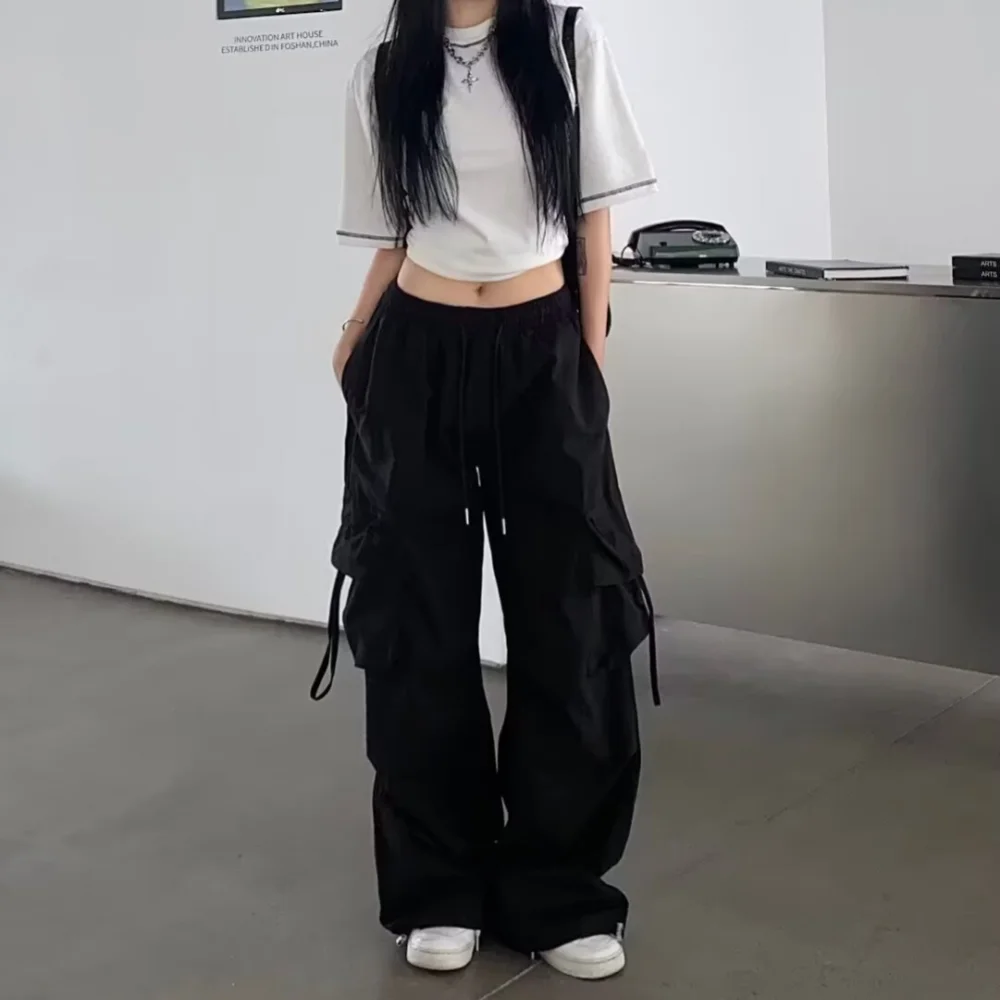 2026 New Vintage Loose Wide Leg Pants High Street Y2K Retro Hip Hop Solid Sweatpant Casual Women Cargo Commute Jogger Trousers