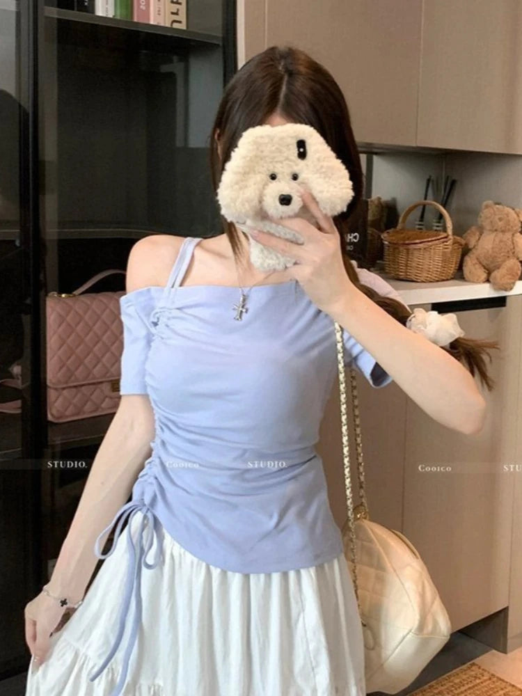 Sweet One shoulder Drawstring Short sleeve T shirt Women Summer Off shoulder Top Elegant Sexy Solid color Cropped Basic Blouse