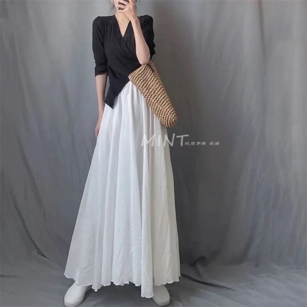 Boho Beach Women's Skirt - Linen Cotton Blend Elastic Waist Long Pleated Maxi, Vintage Summer Casual Skirt Faldas Saia