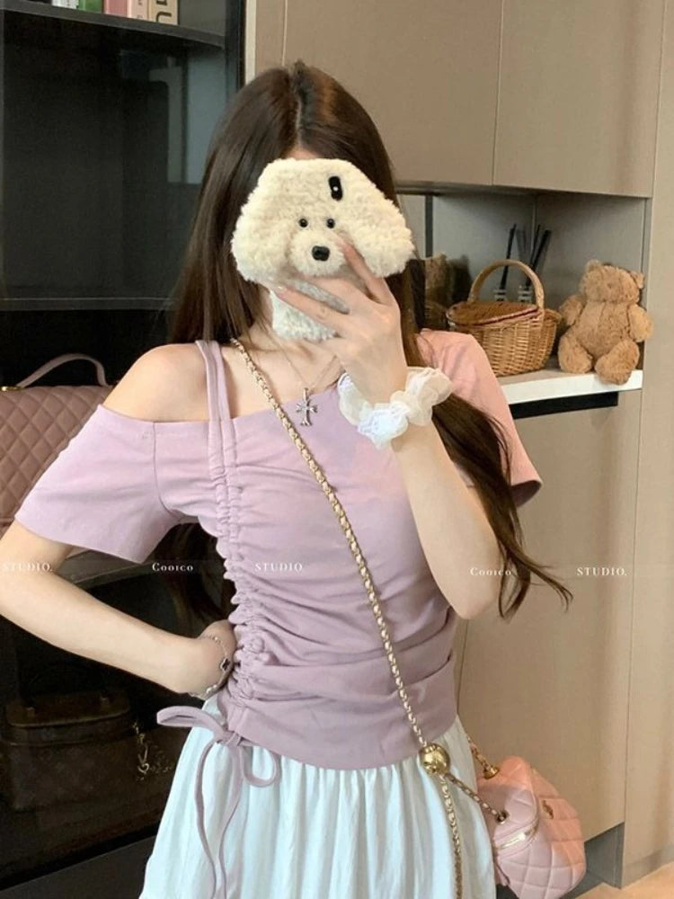 Sweet One shoulder Drawstring Short sleeve T shirt Women Summer Off shoulder Top Elegant Sexy Solid color Cropped Basic Blouse