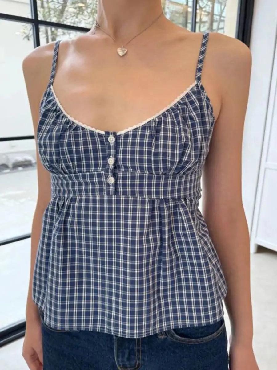 New Red Plaid Slim Tank Top Woman Lace Trim Buttons V-neck Back Lace-up Cotton Camis Summer Vintage Streetwear Sweet Crop Tops