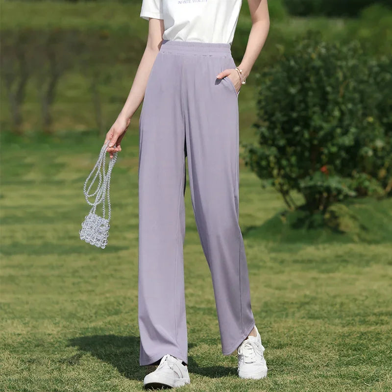 I BELIEVE YOU Wide Leg Pants Women 2026 Spring Summer New High Drape Pants Elastic High Waist Knitted Casual Trousers 2241045612