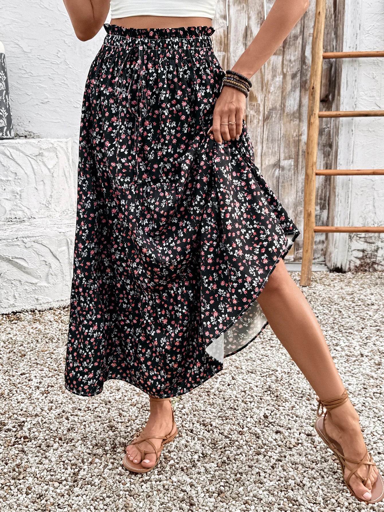 Women's High Waisted Slimming Midi Skirt Ditsy Floral a Line Skirt with Elastic Waist Perfect for Boho Style Outfits