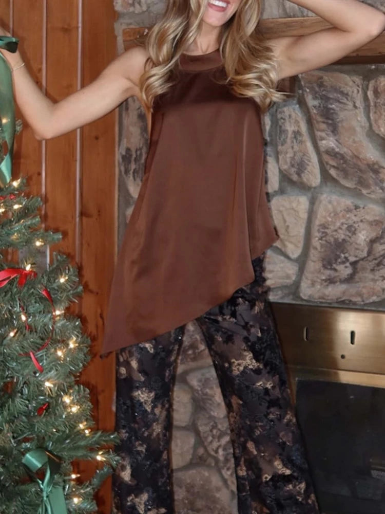 Women's Summer Retro Satin Asymmetrical Camisole Top Sleeveless Backless Camisole With Tie Loose And Elegant Beach Camisole