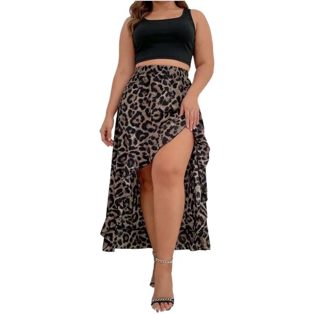 Plus Size Women's Skirt High Waist Elastic Leopard Print Ruffled High Low Bottoms Casual Spring Summer Light Bottoms