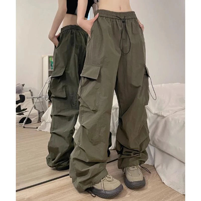 Big Size Female High Street Cargo Pants Lady Baggy High Waist Straight Leg Trousers Girls Classic Fashion Drawstring Pants