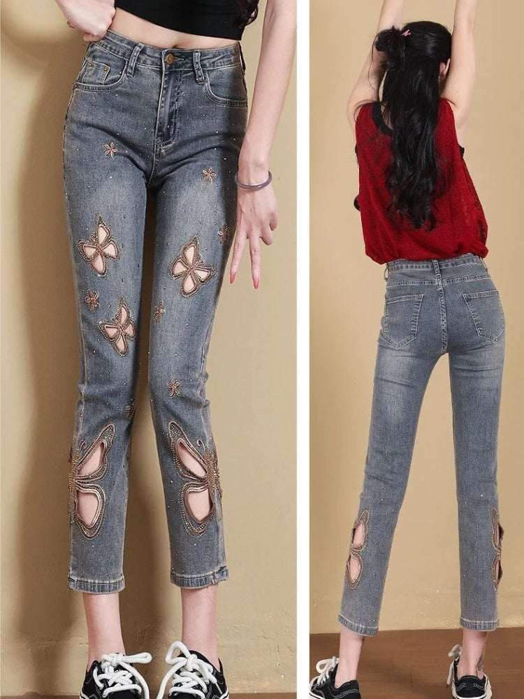2026 Summer Women's Jeans Butterfly Embroidery Hollow Out Denim Pants Slim Fit Thin Casual Trousers Streetwear