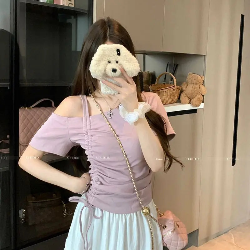 Sweet One shoulder Drawstring Short sleeve T shirt Women Summer Off shoulder Top Elegant Sexy Solid color Cropped Basic Blouse