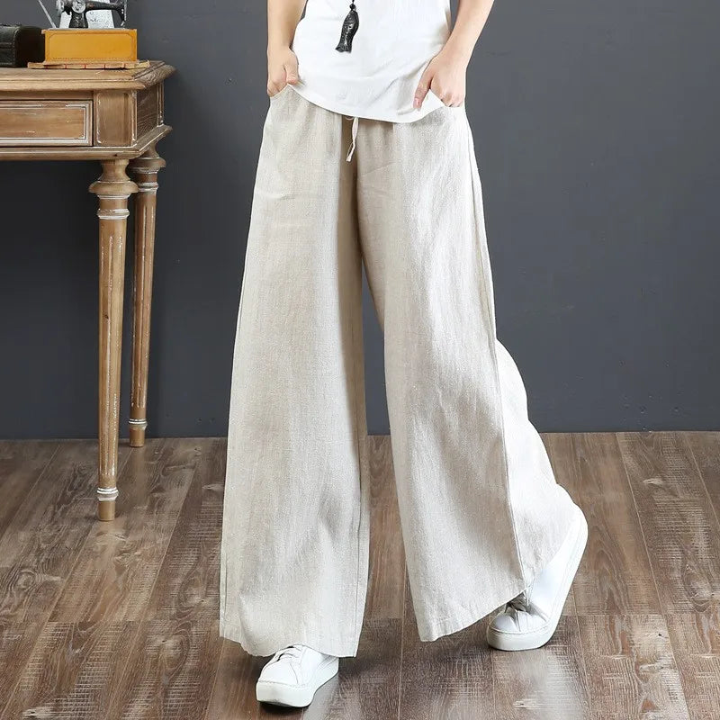 Summer Cotton Linen Wide Leg Pants for Women Straight Leg Pants Casual Straight Pants High Waist Trouses Long Pants with Pockets