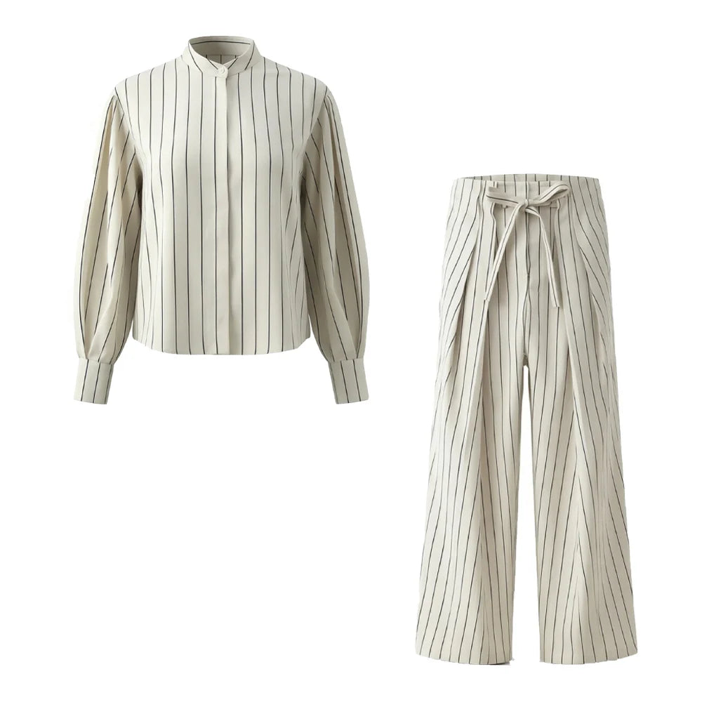 2026 new women's clothing asymmetrical hem round neck fluffy sleeve striped shirt mid waist striped pleated pants