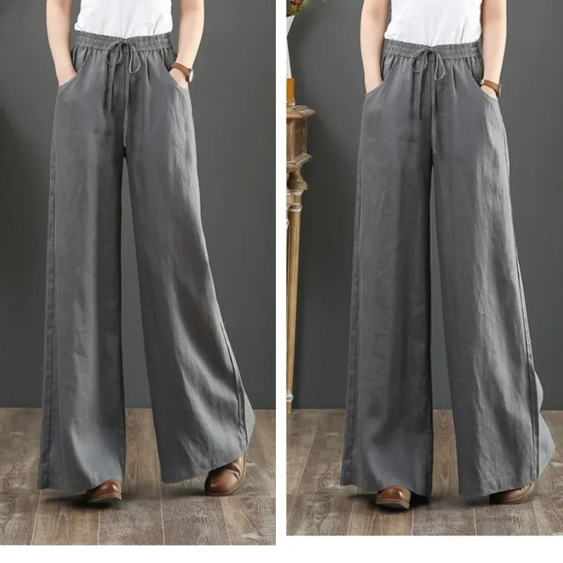 Summer Cotton Linen Wide Leg Pants for Women Straight Leg Pants Casual Straight Pants High Waist Trouses Long Pants with Pockets