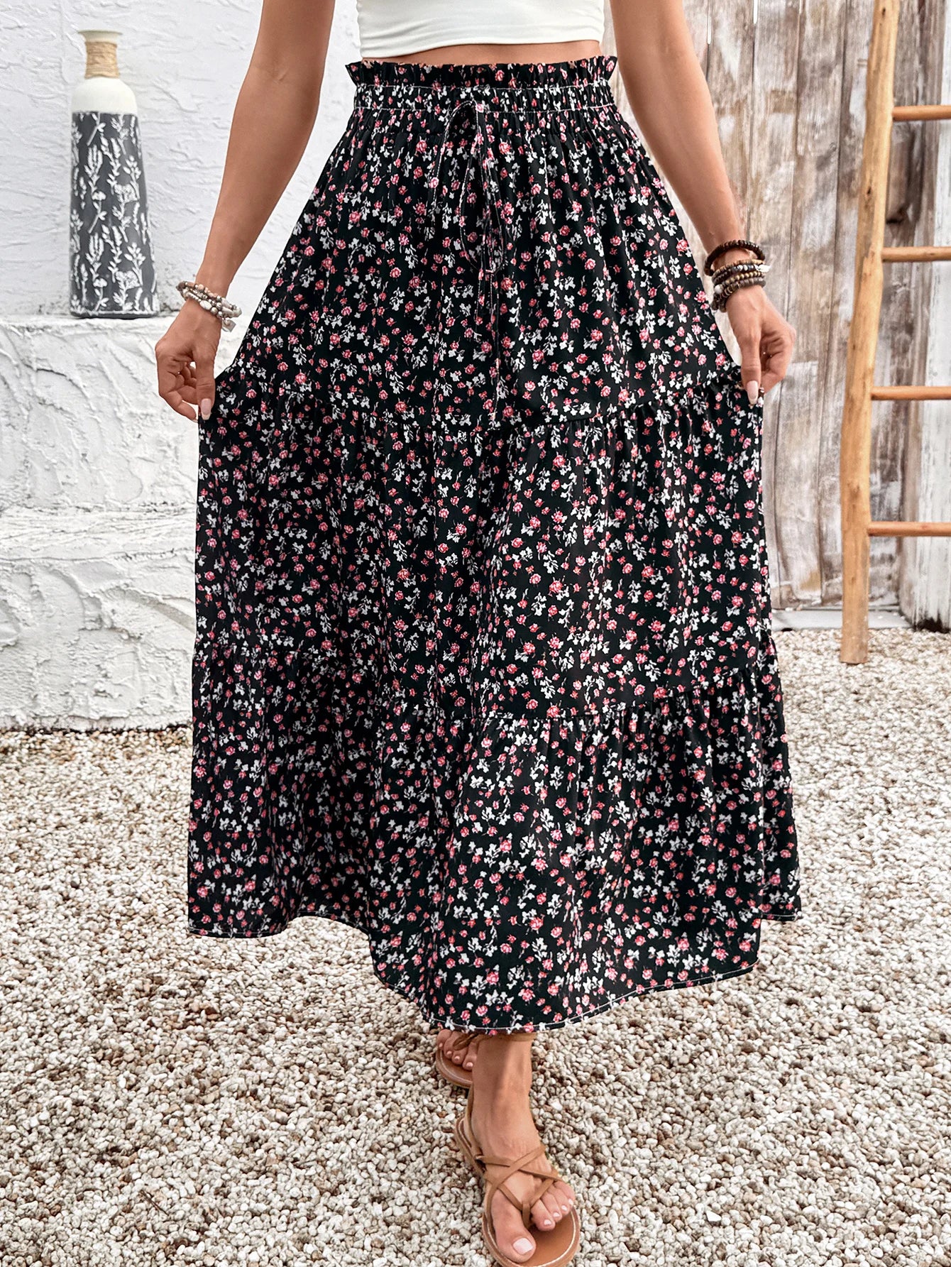Women's High Waisted Slimming Midi Skirt Ditsy Floral a Line Skirt with Elastic Waist Perfect for Boho Style Outfits