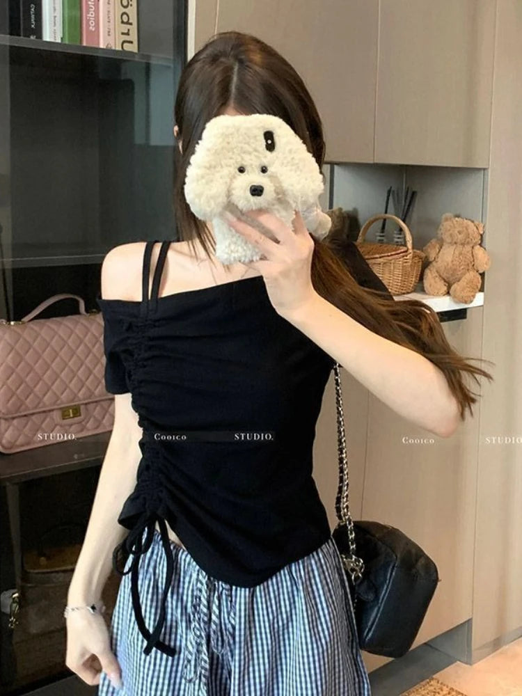 Sweet One shoulder Drawstring Short sleeve T shirt Women Summer Off shoulder Top Elegant Sexy Solid color Cropped Basic Blouse
