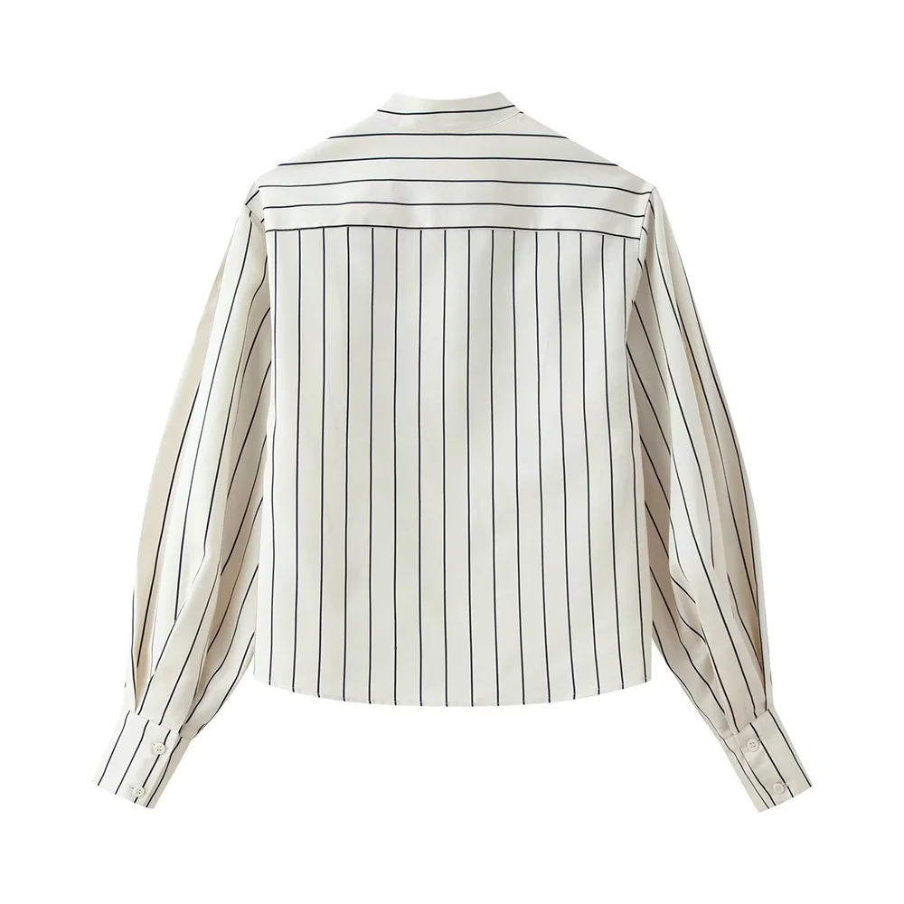 2026 new women's clothing asymmetrical hem round neck fluffy sleeve striped shirt mid waist striped pleated pants