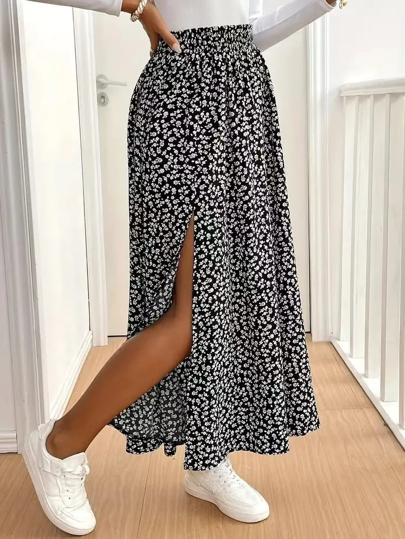 2026 Autumn New Floral Half length Skirt with Split A-line Hip Wrap and Middle Waist Skirt