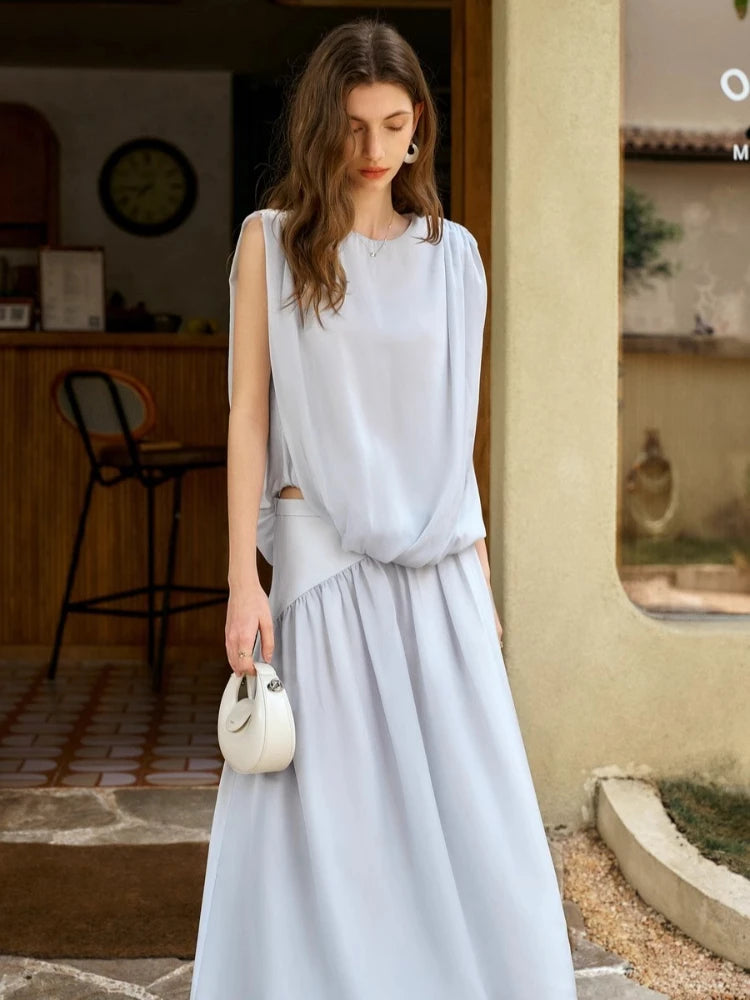 OLrain 2 Piece Skirt Sets Women 2026 Summer Blue O-neck A-line Sleeveless Folds Elegant Lady Two Piece Outfits Woman O57XE99358