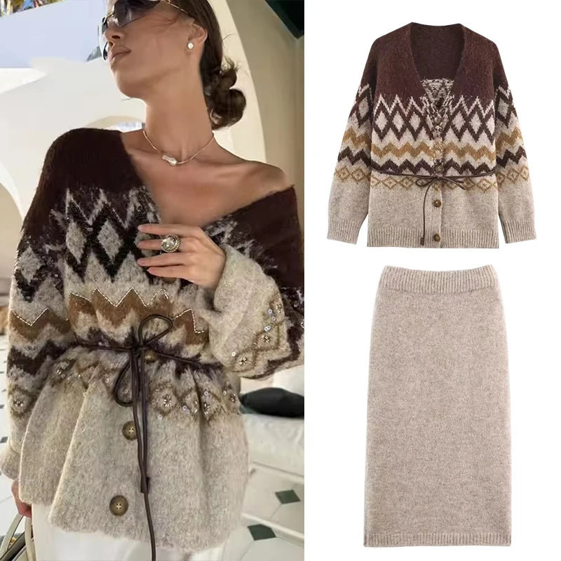 Women Knitted Midi Skirts Two Piece Sets 2026 New Fashion Jacquard Belt Knit Cardigan Women's Suits Autumn Winter Woman Outfits