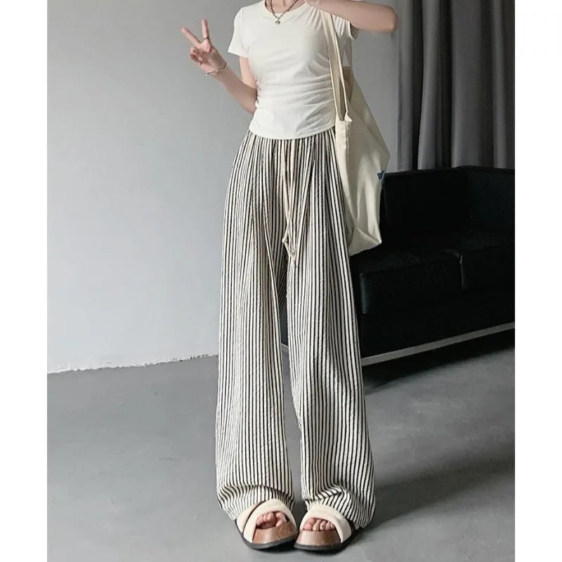 Korean Laid-ba Striped Drapey Casual Pants Women's High-waist Elastic Thin Straight Long Trousers Summer Fashion Commute