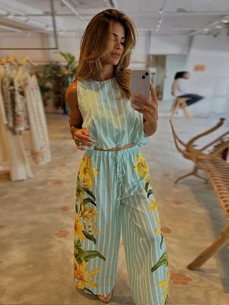 Beach Striped Print Women's Set Sleeveless O-neck Loose Top Wide Legs Pants Female Sets 2026 Summer Vacation Lady Trousers Suit