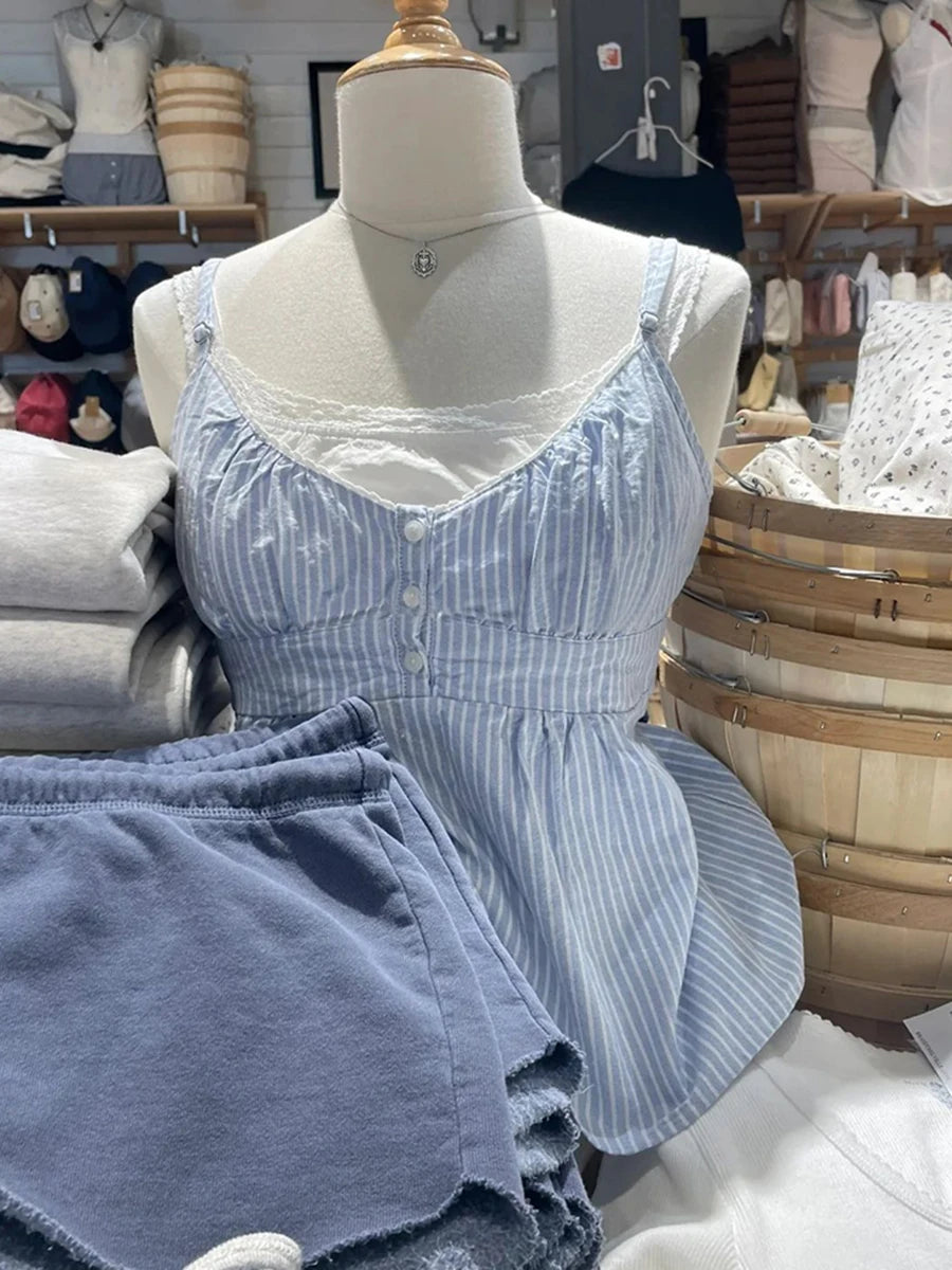 New Red Plaid Slim Tank Top Woman Lace Trim Buttons V-neck Back Lace-up Cotton Camis Summer Vintage Streetwear Sweet Crop Tops