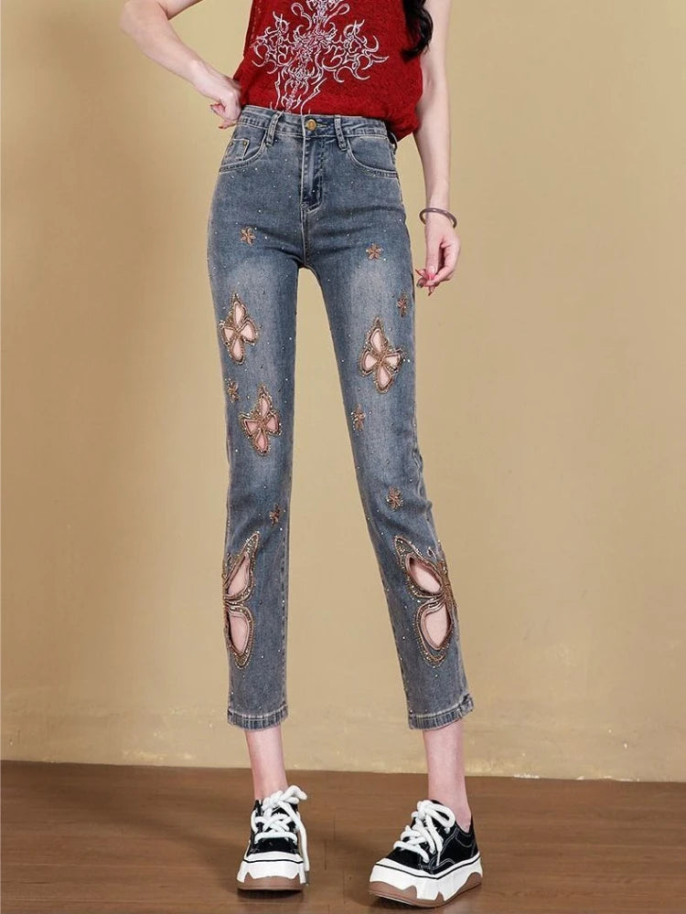 2026 Summer Women's Jeans Butterfly Embroidery Hollow Out Denim Pants Slim Fit Thin Casual Trousers Streetwear