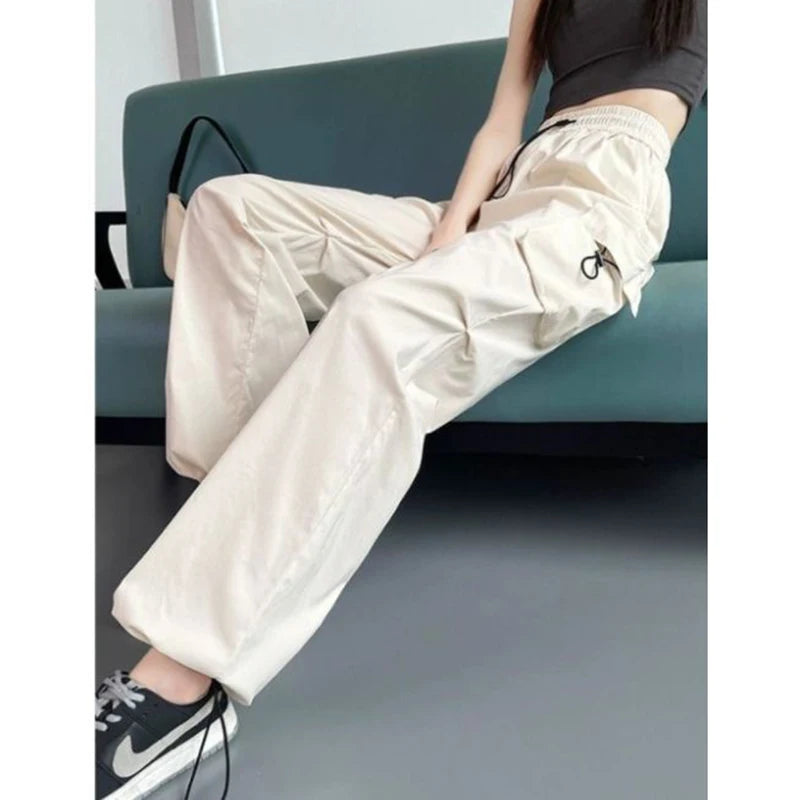 Big Size Female High Street Cargo Pants Lady Baggy High Waist Straight Leg Trousers Girls Classic Fashion Drawstring Pants