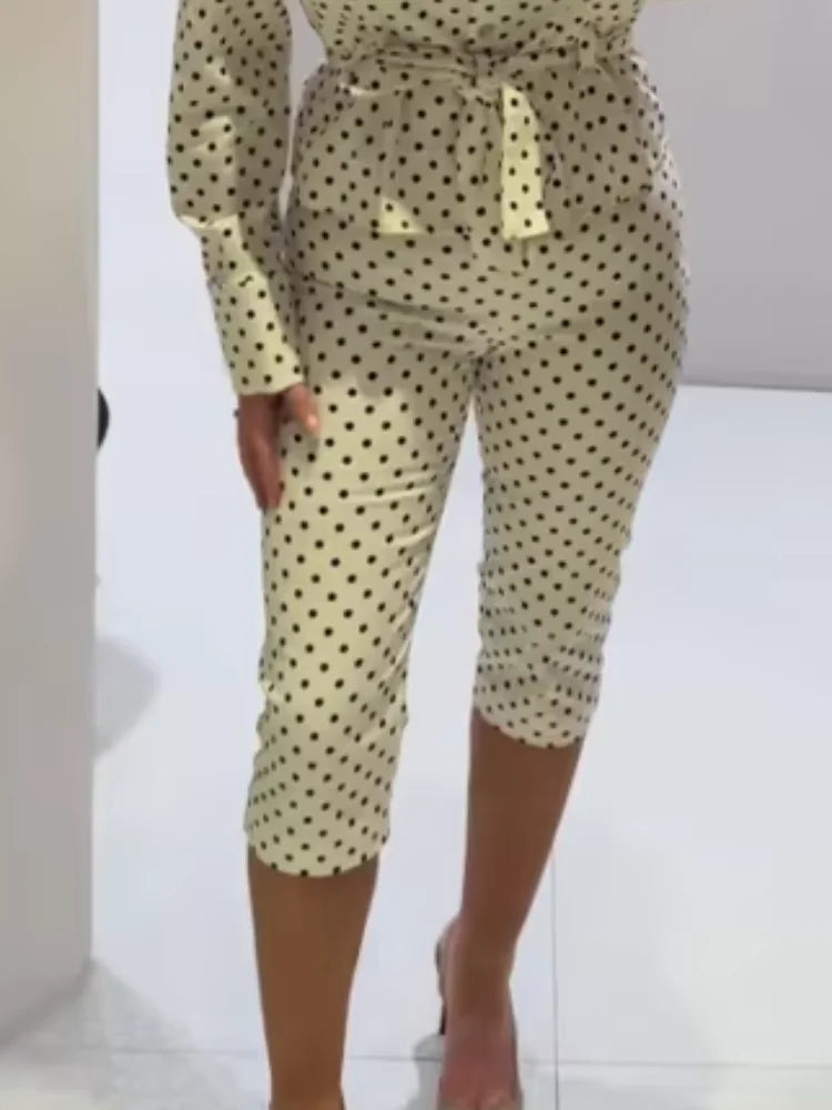 2026 Spring Polka Dot Capri Pants Sets Chic Women Stand Collar Lace Up Jacket High Waist Pencil Pants Lady 2 Pcs Outfits Street