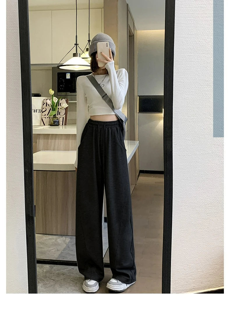 Women Side Striped Wide Leg Straight Tube Pants Vintage High Street Classic Ladies Trousers Winter Fleece Y2k Sport Sweatpants