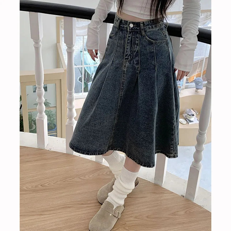 Summer Lady High Waist Thin Pleated Jeans Skirts Women Retro Solid Mid-Long Denim Skirts Girls Casual Fashion A-line Dress