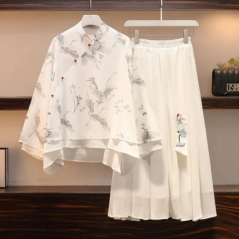 White Hanfu Dress For Women Summer Chiffon Ancient Chinese Style Costume Plus Size Top And Skirt Cosplay Costume Two-piece Suit