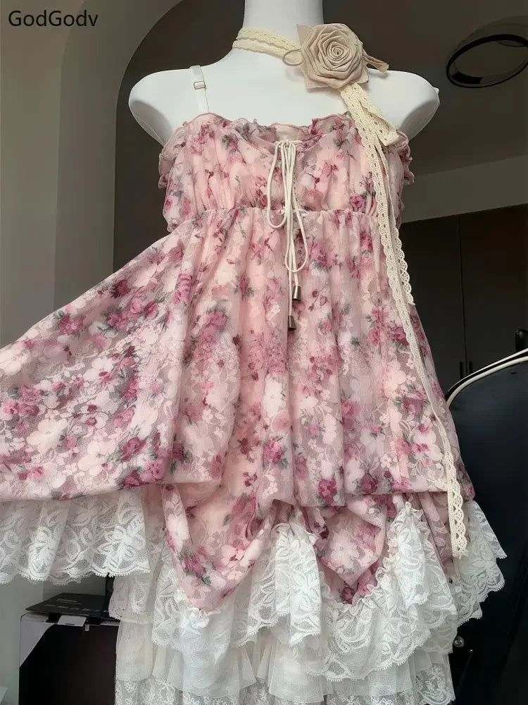 New Vintage Summer Women Sets Elegant Ruffle Lace Chiffon Design Mini Skirt Suit Fairy Female Sweet Korean Fashion Outfits 2026