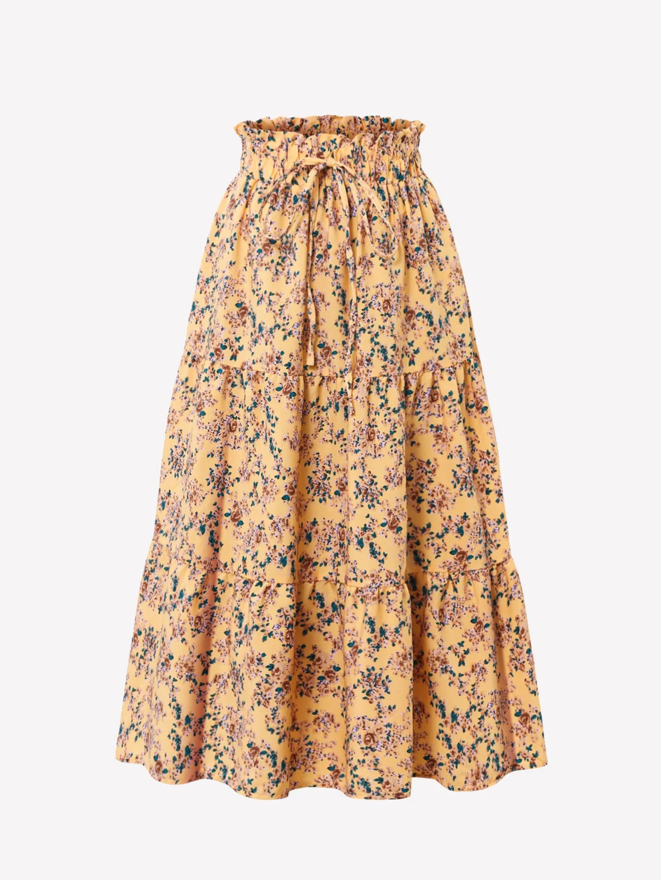 Women's High Waist Floral Print A-Line Midi Skirt - Boho Flowy Ruffle Hem Skirt for All Occasions
