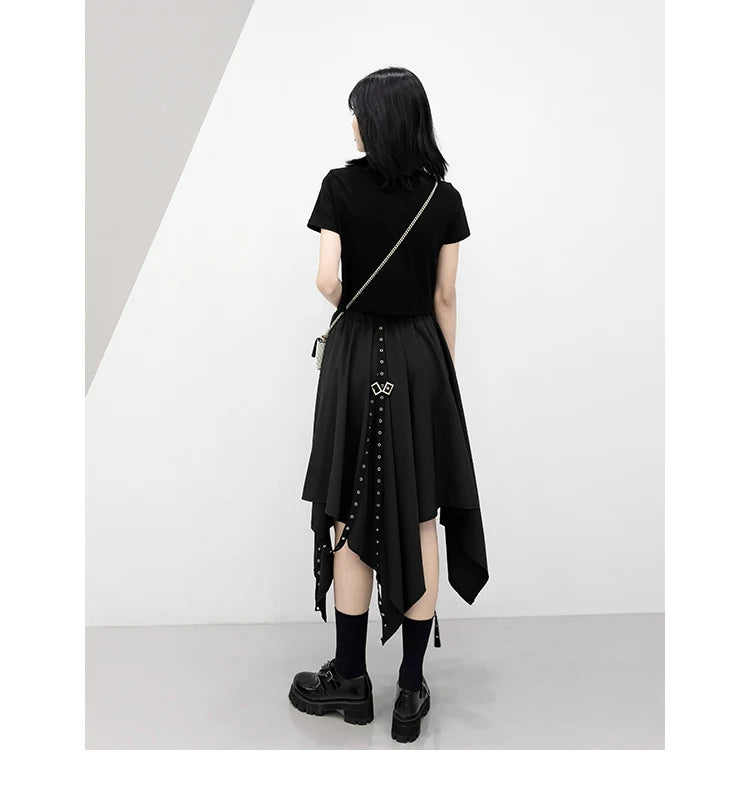Irregular Skirt Girl's New Dark Tie Street Punk Wind Weave Buckle Medium-length Y2k Gothic Long Skirt