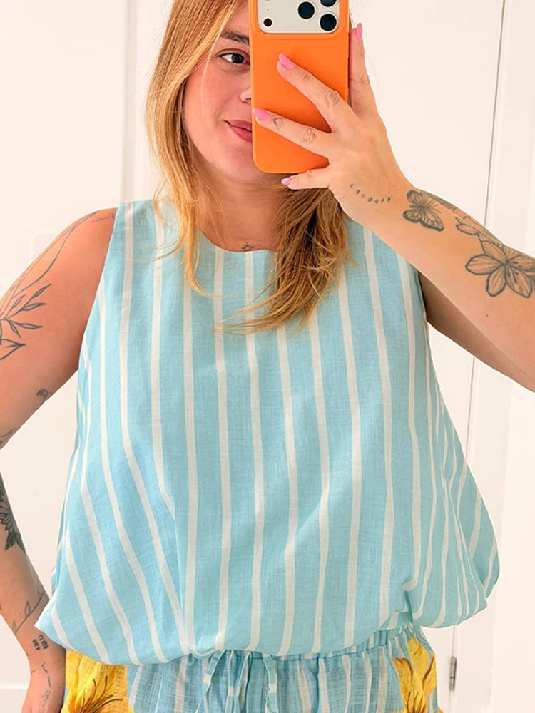 Beach Striped Print Women's Set Sleeveless O-neck Loose Top Wide Legs Pants Female Sets 2026 Summer Vacation Lady Trousers Suit