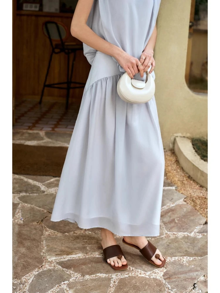 OLrain 2 Piece Skirt Sets Women 2026 Summer Blue O-neck A-line Sleeveless Folds Elegant Lady Two Piece Outfits Woman O57XE99358