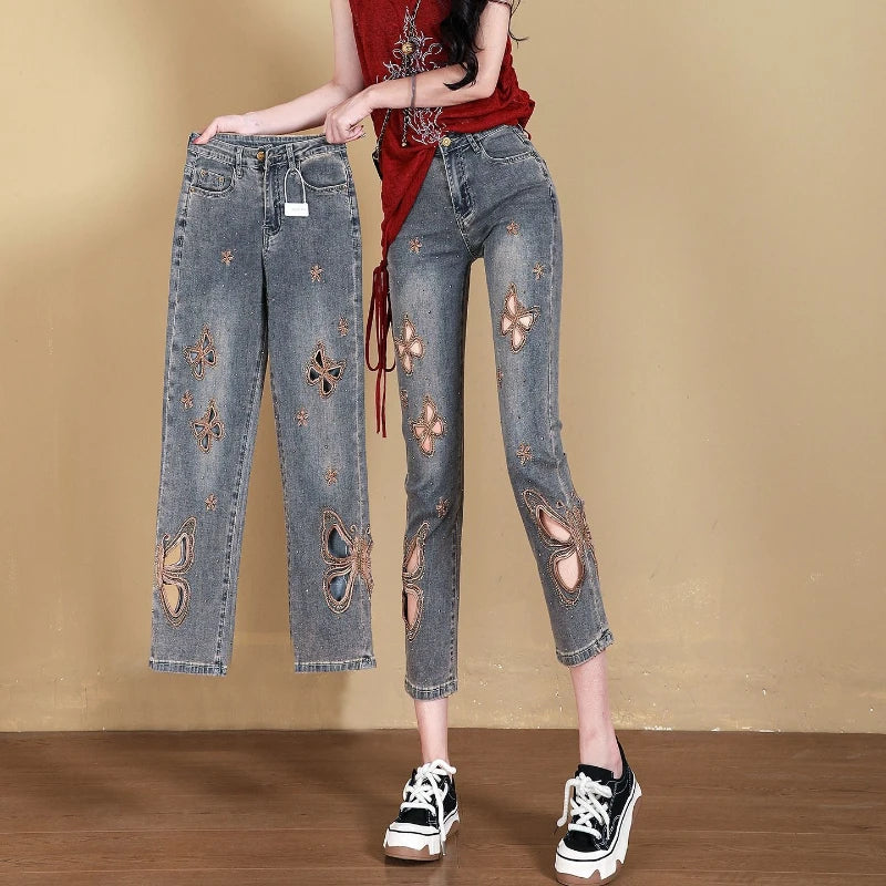 2026 Summer Women's Jeans Butterfly Embroidery Hollow Out Denim Pants Slim Fit Thin Casual Trousers Streetwear