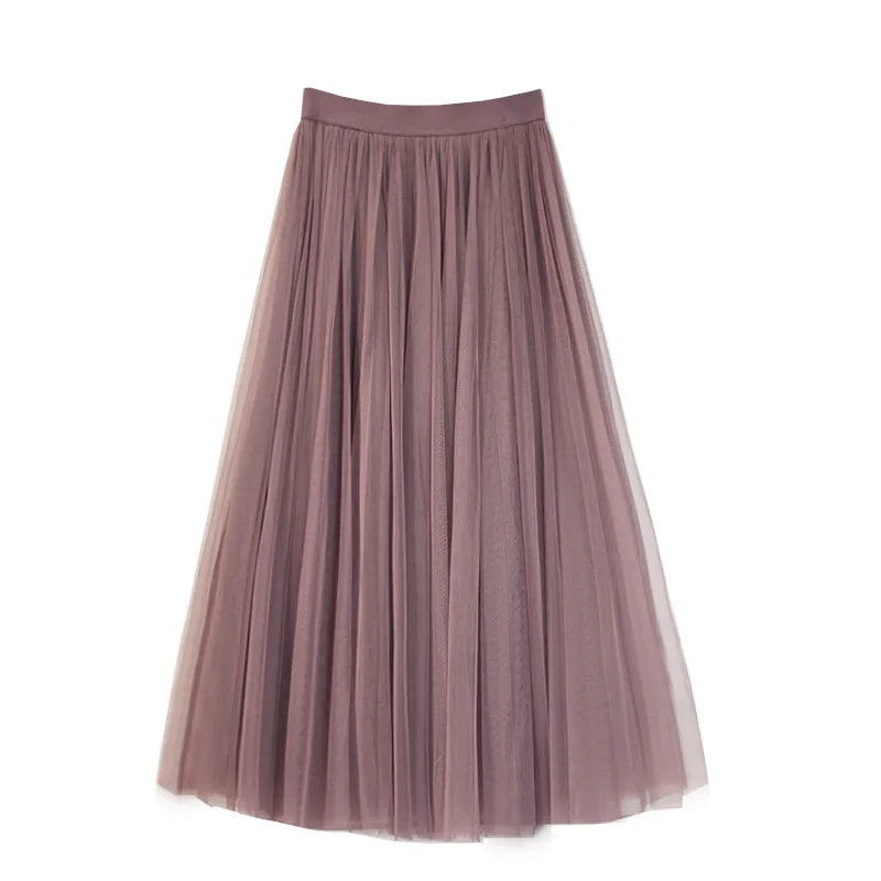 Vintage Tulle Skirt Women Elastic High Waist  3 Layers  A-line Pleated Mesh Skirt Long Bride Tutu Skirts Female Jupe Longue