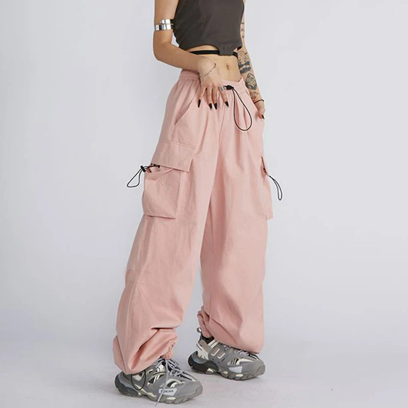 Big Size Female High Street Cargo Pants Lady Baggy High Waist Straight Leg Trousers Girls Classic Fashion Drawstring Pants
