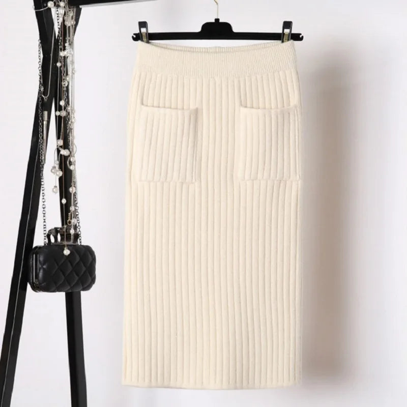 Spring Autumn Women's High Waist knitted Mid-Calf Elastic Skirt Promotions Lady Patchwork Wrap Hip Spilt Solid Color Skirts