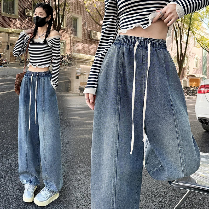 Spring Summer Women Jeans European Style High Waist Slimming Loose Straight Floor Length Harem Wide Leg Trousers Sickle Pants﻿
