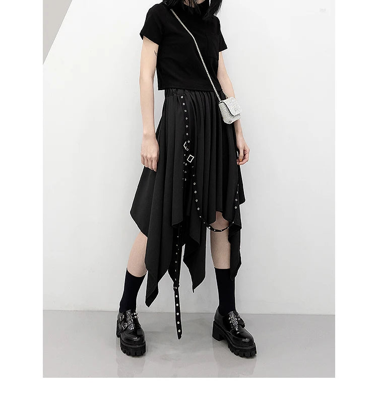 Irregular Skirt Girl's New Dark Tie Street Punk Wind Weave Buckle Medium-length Y2k Gothic Long Skirt