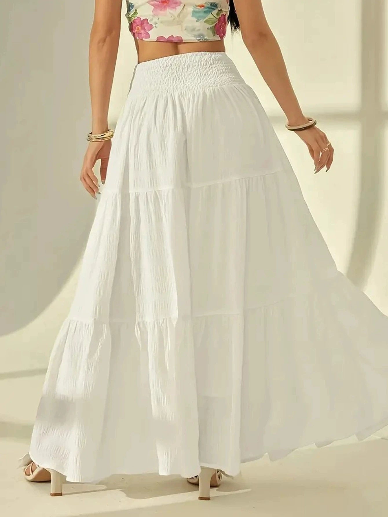 Plus size women's fashionable layered long skirt casual solid color elastic waist women's half skirt holiday date or vacation