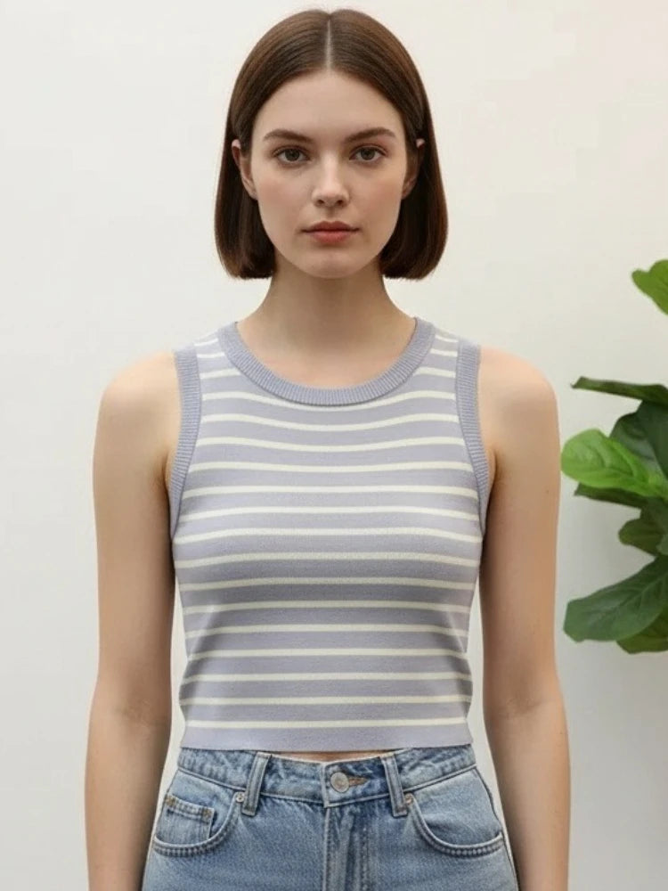 2026 Spring Summer Sleeveless Knitted T-Shirts Striped Women Tank Tops Crop Tops Female Elastic Slim Casual Vests Pullover Camis