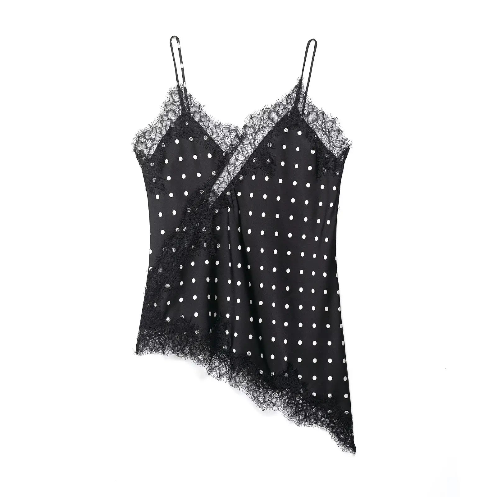 HH Women Elegant Polka Dot Lace Slip Tops Asymmetrical Hem Tanks Camis Summer Lady Sexy Lace Splicing Club Party Tops Camisole