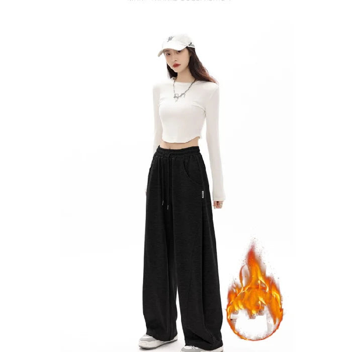 Women Side Striped Wide Leg Straight Tube Pants Vintage High Street Classic Ladies Trousers Winter Fleece Y2k Sport Sweatpants