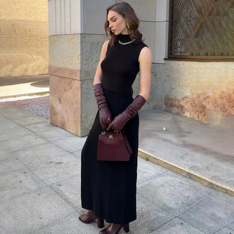 Tuularose Elegant Long Skirt Two-piece Set Women's Sleeveless Knitted Turtleneck Vest Slim Skirt Set 2025 New Fashion Skirt Set