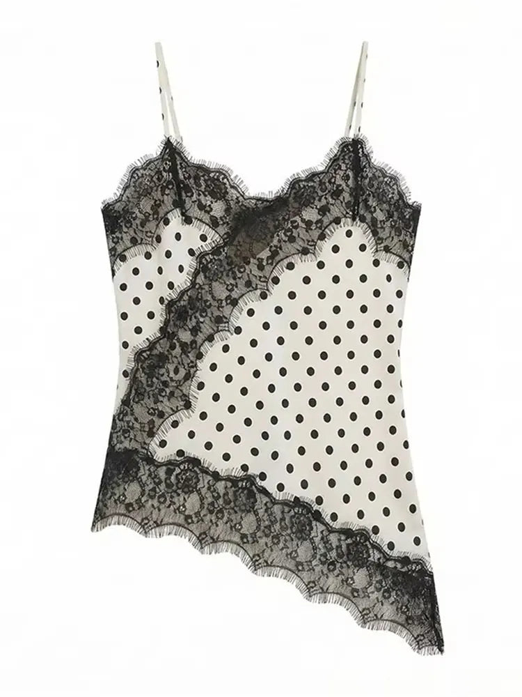 HH Women Elegant Polka Dot Lace Slip Tops Asymmetrical Hem Tanks Camis Summer Lady Sexy Lace Splicing Club Party Tops Camisole