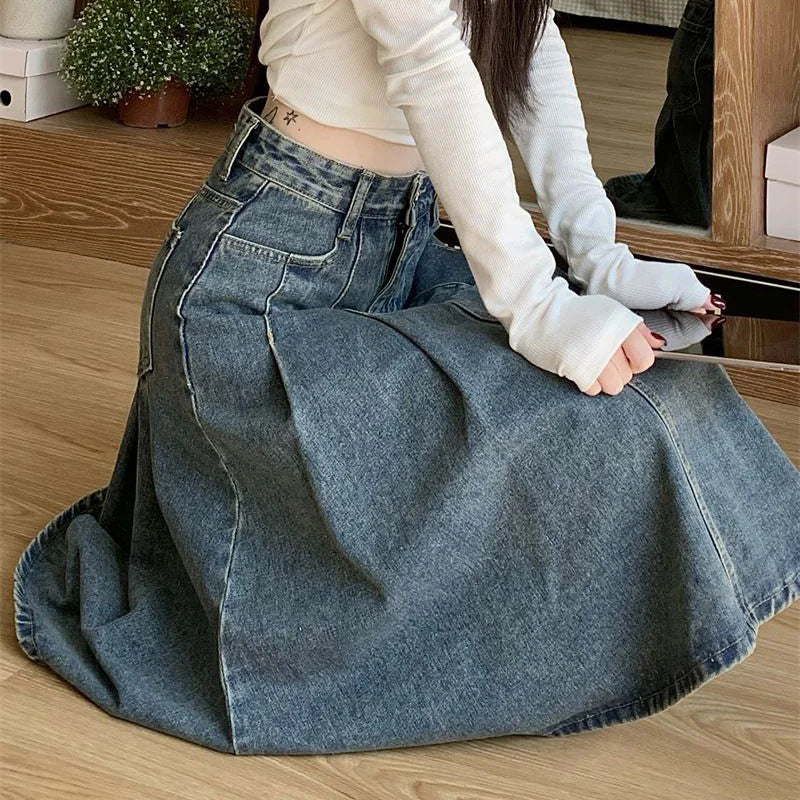 Summer Lady High Waist Thin Pleated Jeans Skirts Women Retro Solid Mid-Long Denim Skirts Girls Casual Fashion A-line Dress