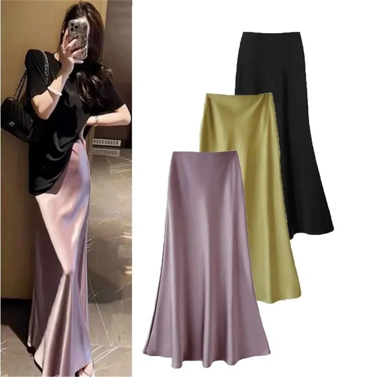 2026 Satin Fabric Skirt Woman High Waist Elegant Long Skirts For Women Korean Fashion Summer Chic Office Slim Fit Midi Skirts