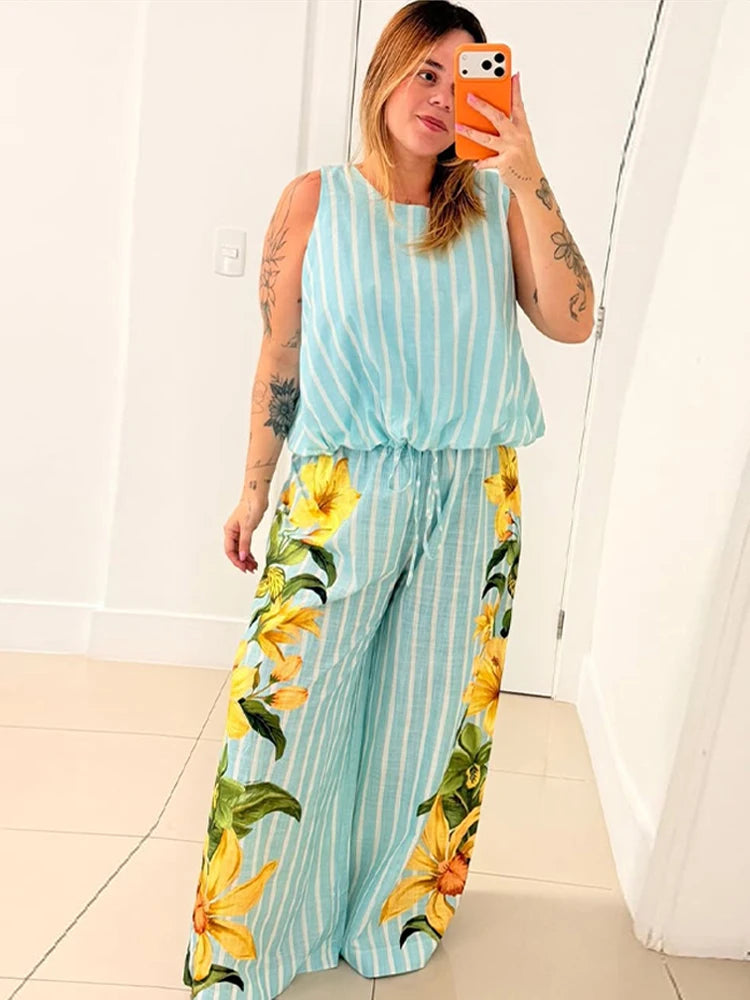 Beach Striped Print Women's Set Sleeveless O-neck Loose Top Wide Legs Pants Female Sets 2026 Summer Vacation Lady Trousers Suit